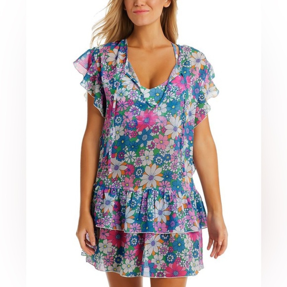 Jessica Simpson Printed Crazy Daisy Tiered Flutter-Sleeve Tie-Neck Swim Cover-Up